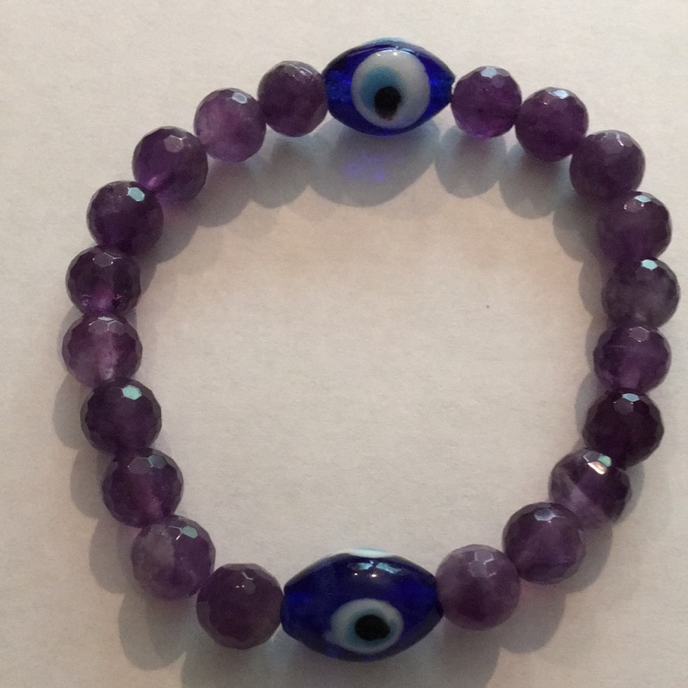 Elegant Purple Amethyst Crystal Blue Protection Eye Handmade Bracelet By Crystal